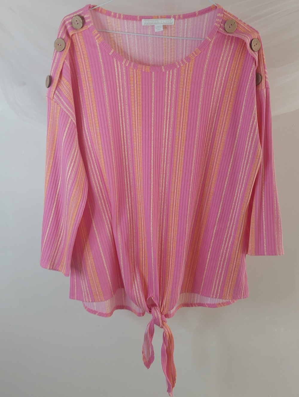 Juniper & Lime Pink & Orange Striped Button Shoulder Tie Front Top - Size XL